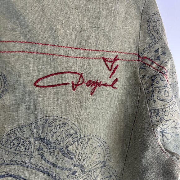 Desigual Embroidered Distressed Green Hooded Jacket Sz M Eclectic Edgy Artsy - Picture 8 of 16